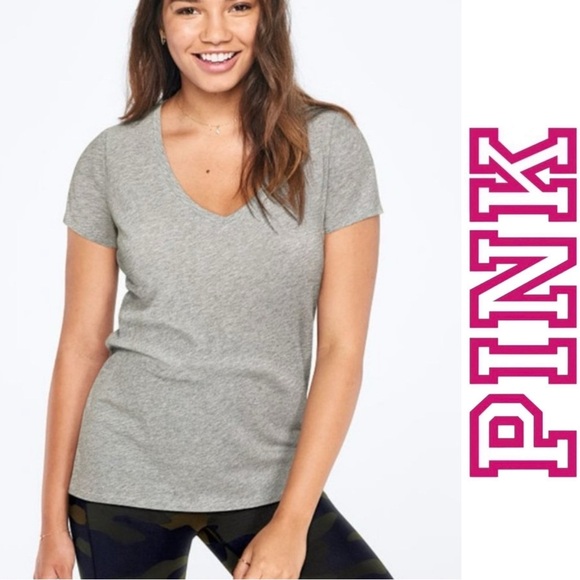 Victoria's Secret PINK | Short Sleeve Heather Gray V-Neck Tee Shirt | Size Small - Picture 1 of 12